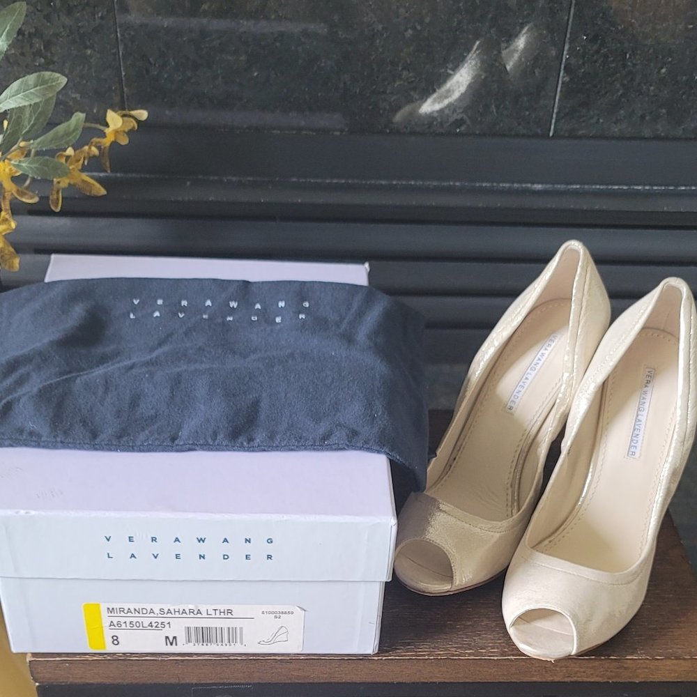 Vera Wang Gold Leather Peep Toe Wedge